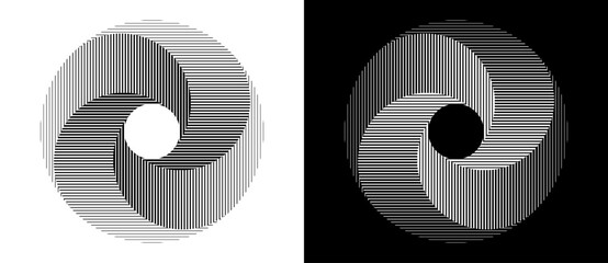 Leinwandbilder - Lines in circle abstract background. Dynamic transition illusion. Black shape on a white background and the same white shape on the black side.