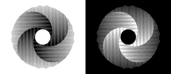 Leinwandbilder - Lines in circle abstract background. Dynamic transition illusion. Black shape on a white background and the same white shape on the black side.