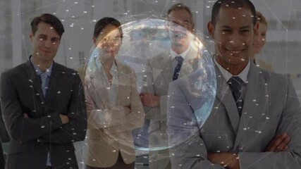 Poster - Corporate team standing shoulder to shoulder in office, initiating rotating globe with data streams