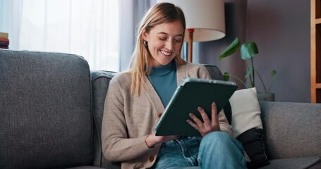 Aufkleber - Happy, woman and relax with tablet at house for browsing, social media and website search on sofa. Smile, female person and digital for reading blog, streaming video and funny notification of weekend
