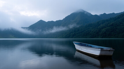 Naklejka na meble Boat on a mountain lake in the morning.