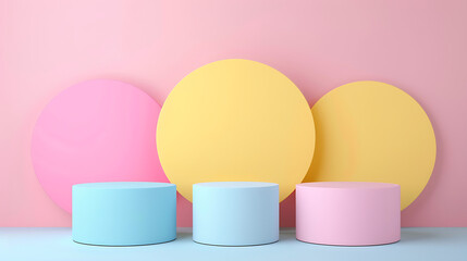 Poster - Pastel colored podiums and circles create a modern display background for product presentation
