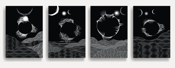Wall Mural - Stars and exoplanet in outer space. Futuristic landscape, with lines . Night landscape with starry sky .Vector illustration
