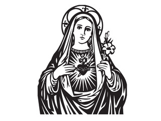 Wall Mural - Vector isolated Mary Mother of Jesus full body colorless black and white contour ink art engraving	

