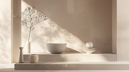 Poster - Still life arrangement featuring vases bowl and sphere in neutral tones with sunlight casting shadows on a beige wall