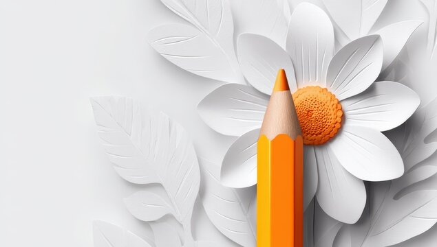 Orange pencil near white paper flowers