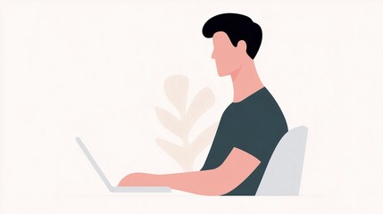 Poster - Illustration of a young man working on a laptop, seated at a desk with a plant in the background, showcasing a modern workspace and focused productivity concept