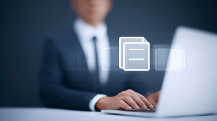Fototapete - Business professional in formal attire is typing on a laptop, with digital document icons floating above, illustrating modern technology and productivity in a corporate environment