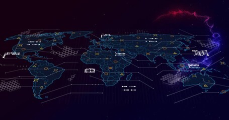Poster - Starting purple backdrop fading map outline, grid animating, icons pulsing, streams flowing network