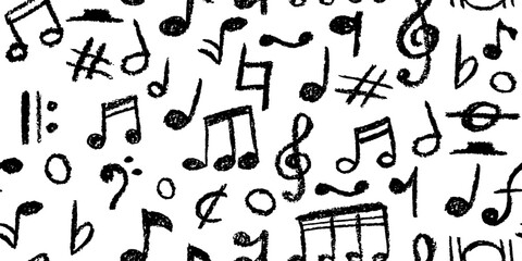 Poster - Seamless pattern of charcoal scribble music notes. Vector illustration of a cute childish music school pastel or wax pencil signs. Handwritten black pop doodles for fun kindergarten , vibrant designs.
