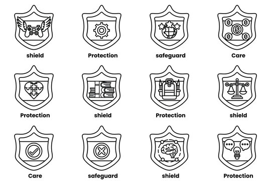 The image is a collection of shields with various symbols and words on them