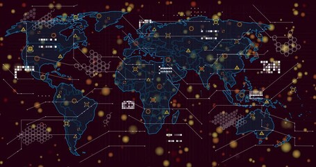 Aufkleber - Golden dots drifting world map outlines fading icons forming lines linking areas showing data flow