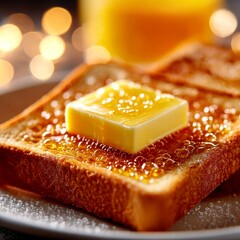 Poster - Golden Toast with Melted Butter and Syrup: A Cozy Breakfast Still Life with Warm Bokeh Light