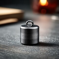 Poster - Minimalist Still Life: Polished Metal Cylinder with Ring on Textured Surface, Soft Backlighting