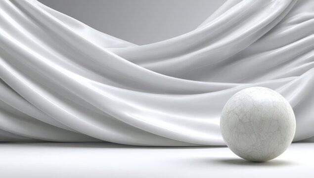 Smooth white fabric drapes a stage with a single sphere