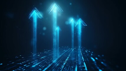 Poster - Glowing blue arrows ascend on a digital grid, symbolizing growth, progress, innovation, and technological advancement in a futuristic setting
