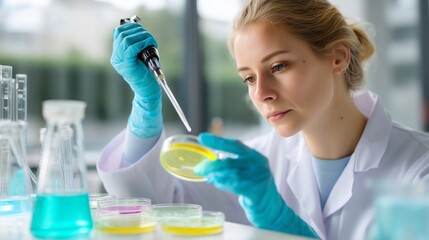 Poster - scientist conducts experiment in laboratory using pipette and petri dishes during daytime