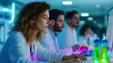 Poster - research team conducts experiments in laboratory during evening hours