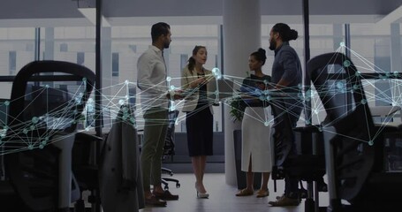 Poster - Four colleagues arriving at desks starting network overlay and pointing nodes in tech meeting