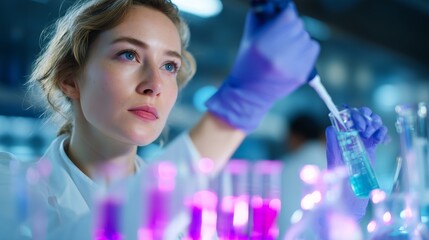 Poster - female scientist conducting laboratory experiment with colorful liquids in beakers during daylight h
