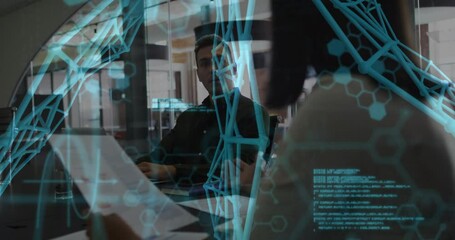 Poster - Woman presenting document while man reviewing as blue network overlay intensifying for tech review
