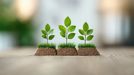 Aufkleber - Three small plants with green leaves grow from soil patches on wooden surface, symbolizing growth and sustainability. blurred background adds depth, highlighting plants