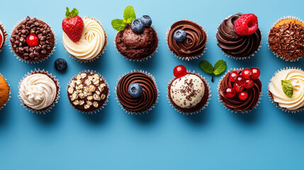 Aufkleber - Variety of colorful cupcakes with different toppings like berries, chocolate, and cream are arranged on blue background, showcasing delightful assortment of flavors and textures