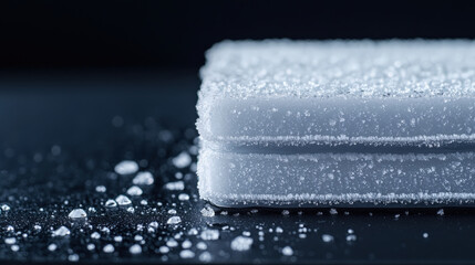 Poster - Frost covered ice cubes stacked on dark surface, with scattered ice crystals creating cold, refreshing atmosphere. close up view highlights texture and detail of frost