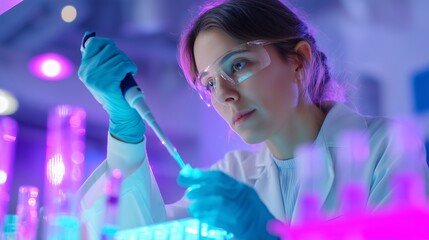Poster - Scientist conducting research in a laboratory under colorful lighting, focused on precise liquid measurement with a pipette