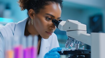 Poster - scientist examines samples through microscope in modern laboratory during daytime