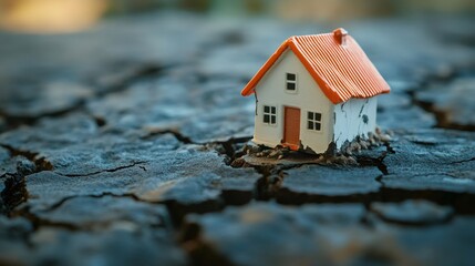 Poster - Miniature house model placed on cracked and dry ground, representing earthquake damage and the impact of natural disasters on properties and infrastructure