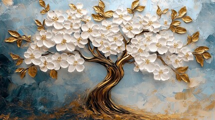 3d wallpaper depicting an oil painting of a tree of life with white flowers and golden leaves agains