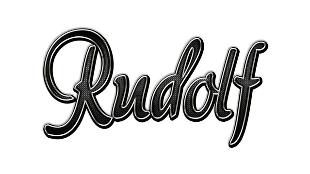 black metal 3d design of name Rudolf on white background.