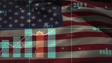 Poster - Flag waving initiating grid overlay appearing bars rising and lines drawing for financial analysis