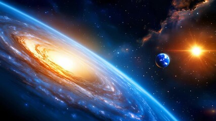 Wall Mural - Spiral galaxy with vibrant blue and orange colors, earth-like planet, bright star, cosmic clouds. Expansive space scene showcasing astronomical scale and beauty.