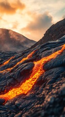 Poster - Molten orange lava flowing down volcanic slope during sunset, revealing intense geological power and creating mesmerizing natural spectacle of fiery landscape transformation