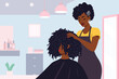 © Pierre - A black woman working as a hairdresser in a salon or small business. An African American person giving her client with curly hair a stylish hairstyle and beauty treatment with professional care