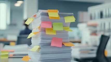 Aufkleber - Stack of paperwork covered with colorful sticky notes sits on a desk in a busy office, suggesting a heavy workload and pending tasks for employees