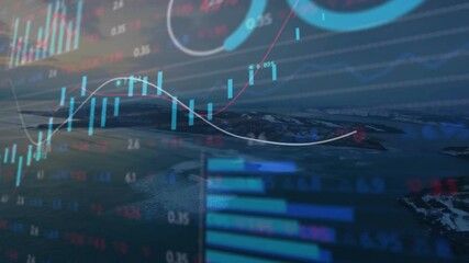 Poster - dusk sea launching overlay shifting candlesticks, pulsing graphs showing market trends