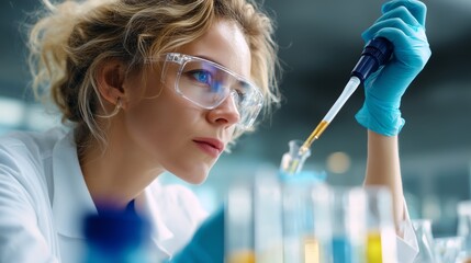 Poster - scientist conducts research with pipette in laboratory during the daytime while wearing safety goggl
