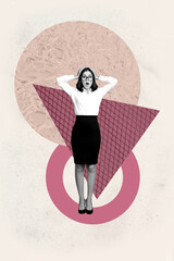 Poster - Vertical poster art photo collage of happy businesswoman businessman stand geometric figure development career progress stats