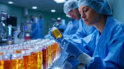Poster - Research lab activity involving analysis of colorful liquid samples by scientists wearing lab coats and protective gear