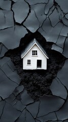 Poster - Miniature white dwelling descending into parched, fractured ground, symbolizing seismic devastation and land vulnerability