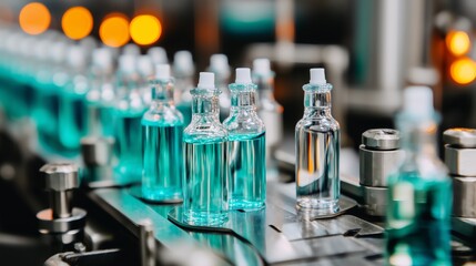 Poster - bottles of blue liquid being filled in a modern manufacturing facility during the production process