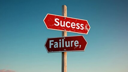 Poster - Weathered wooden signpost pointing toward success and failure paths, symbolizing critical life choices against clear blue sky backdrop