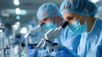 Poster - Scientists conduct research using microscopes in a laboratory environment during daylight hours