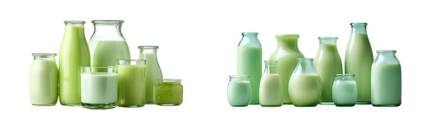 Poster - Assorted glass containers filled with light green liquid. isolated on transparent background
