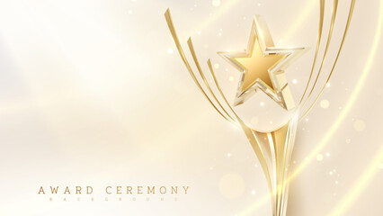 Wall Mural - Golden trophy with 3D transparent star decorated with neon curve light effect and bokeh. Luxury style award ceremony background design concept. Vector illustration.