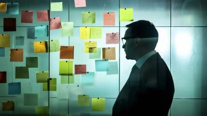 Poster - Professional analyzing multicolored notes plastered on glass partition, visualizing strategic workflow in dimly lit corporate workspace during brainstorming session