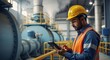 © ArtMajestic - Young man engineer using digital tablet at industrial factory. Worker monitoring production with smart device. Industrial inspection and maintenance, with copy space